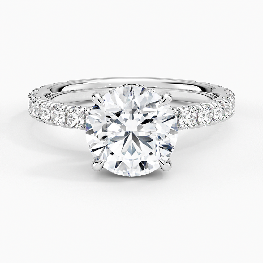 Round Cut Three-Quarter Pavé Band Moissanite Engagement Ring with Hidden Halo
