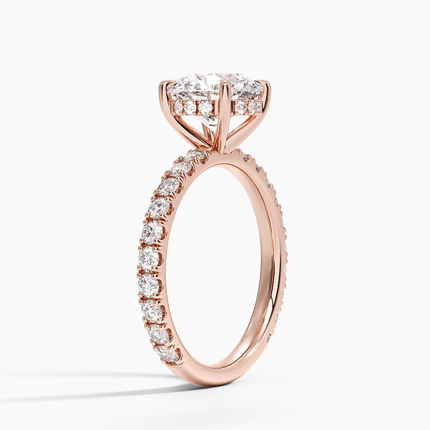 Round Cut Three-Quarter Pavé Band Moissanite Engagement Ring with Hidden Halo