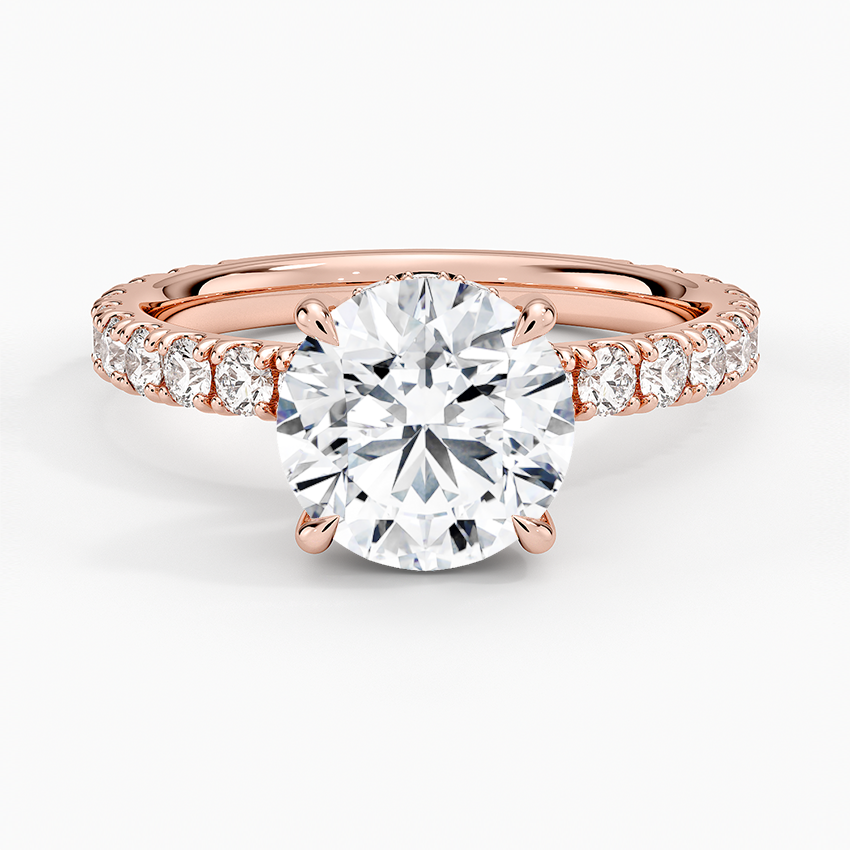Round Cut Three-Quarter Pavé Band Moissanite Engagement Ring with Hidden Halo