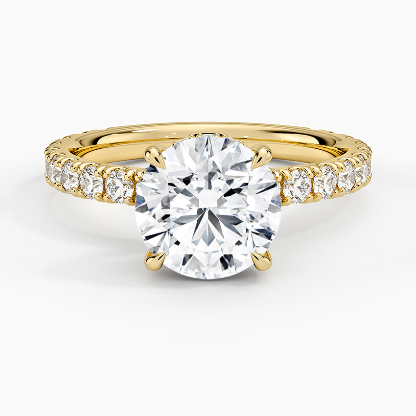 Round Cut Three-Quarter Pavé Band Moissanite Engagement Ring with Hidden Halo