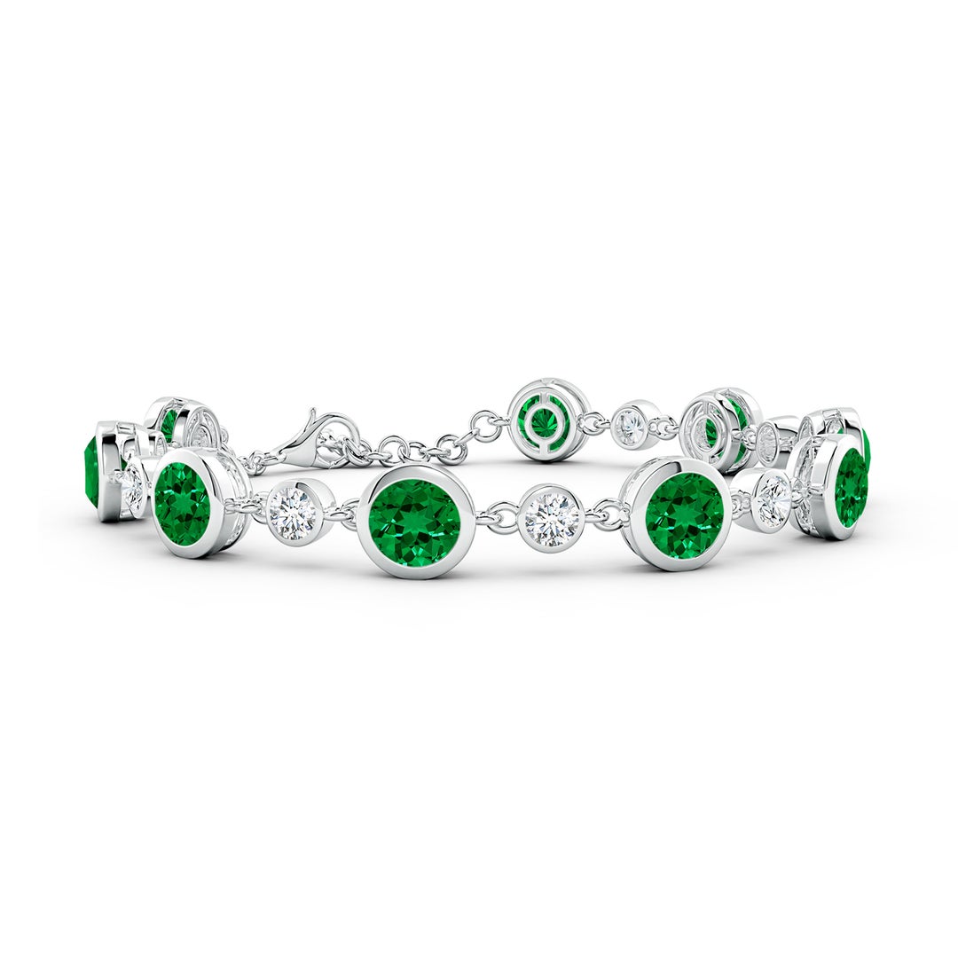 S925 Silver Round Lab-created Emerald and Moissanite Bezel Tennis Bracelet