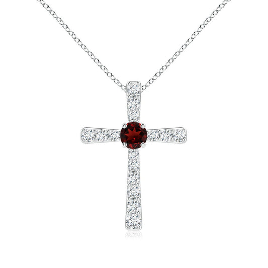 Round Garnet Center Cross Pendant Moissanite Necklace