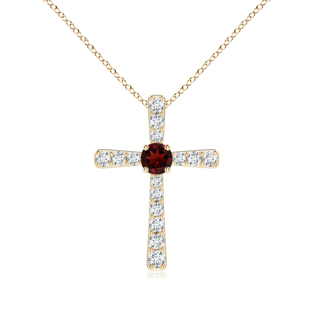 Round Garnet Center Cross Pendant Moissanite Necklace