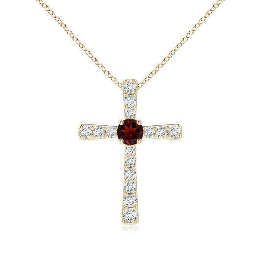 Round Garnet Center Cross Pendant Moissanite Necklace