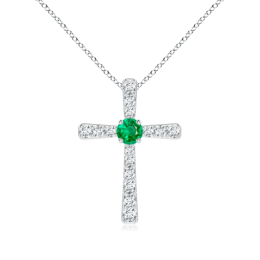 Round Lab-Created Emerald Center Cross Pendant Moissanite Necklace