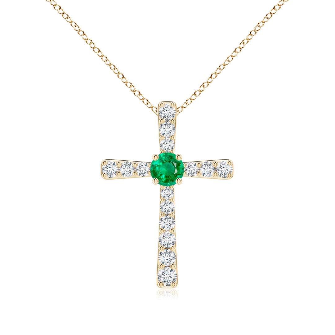 Round Lab-Created Emerald Center Cross Pendant Moissanite Necklace