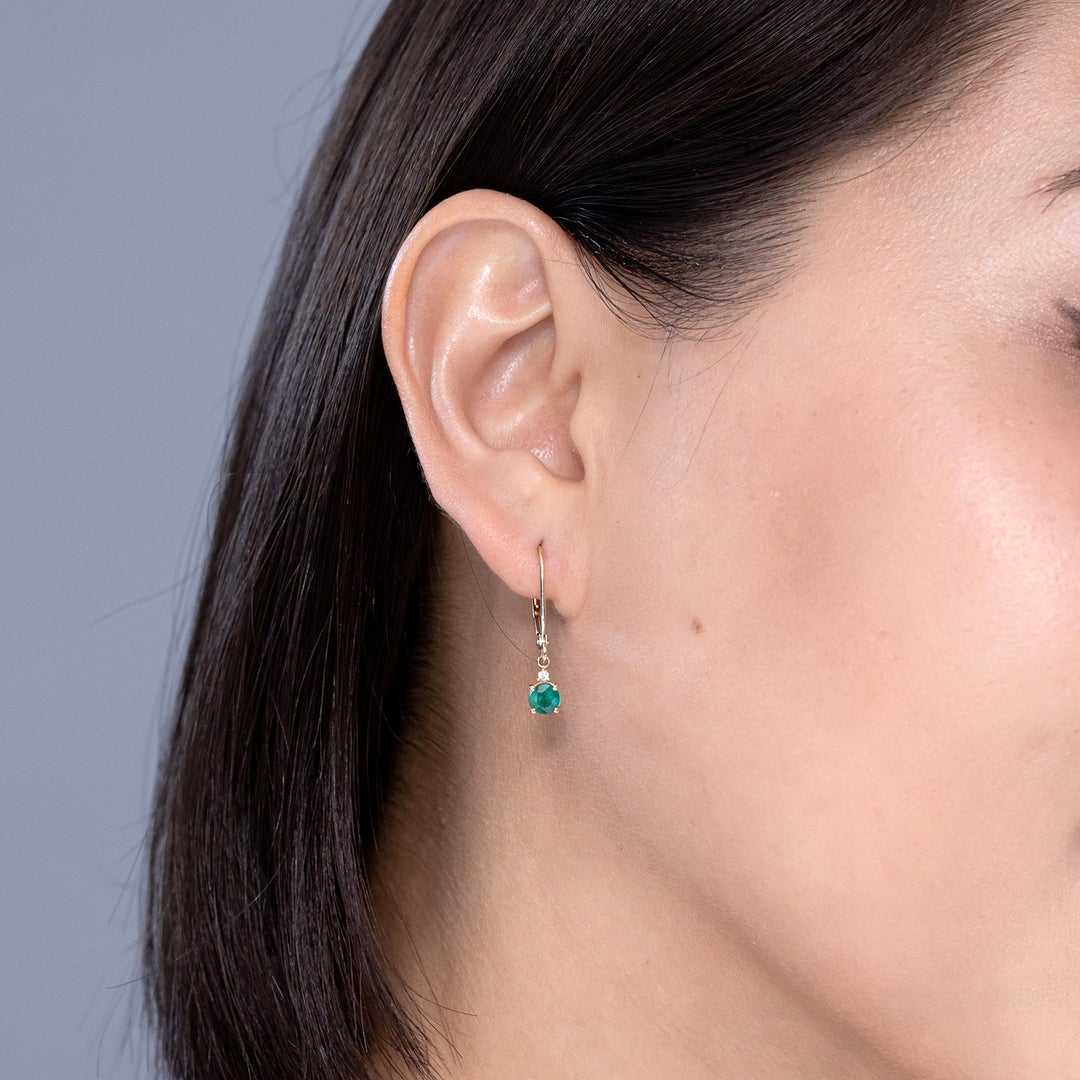 Round Lab-Created Emerald Leverback with Moissanite Accents Drop Earrings