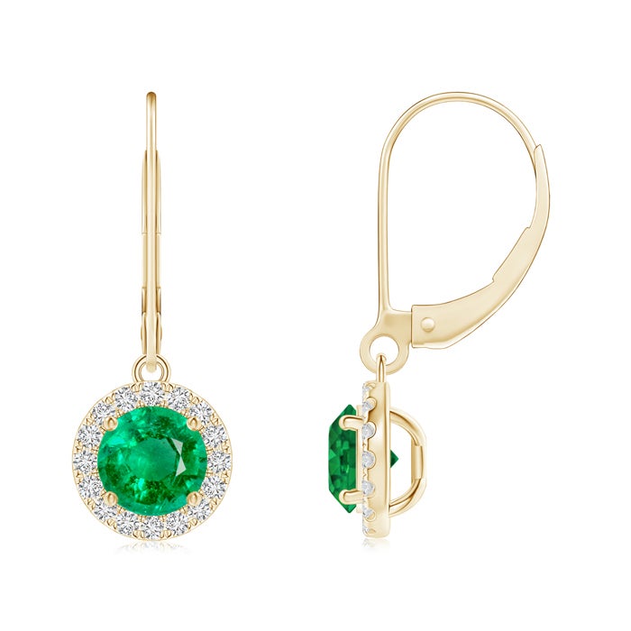 Round Lab-Created Emerald with Moissanite Halo Leverback Dangle Drop Earrings