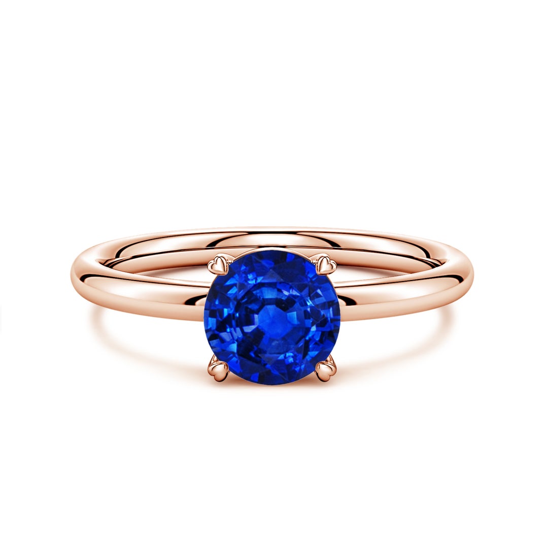 Round Lab-Grown Blue Sapphire Solitaire Engagement Ring with Heart-Shaped Prongs