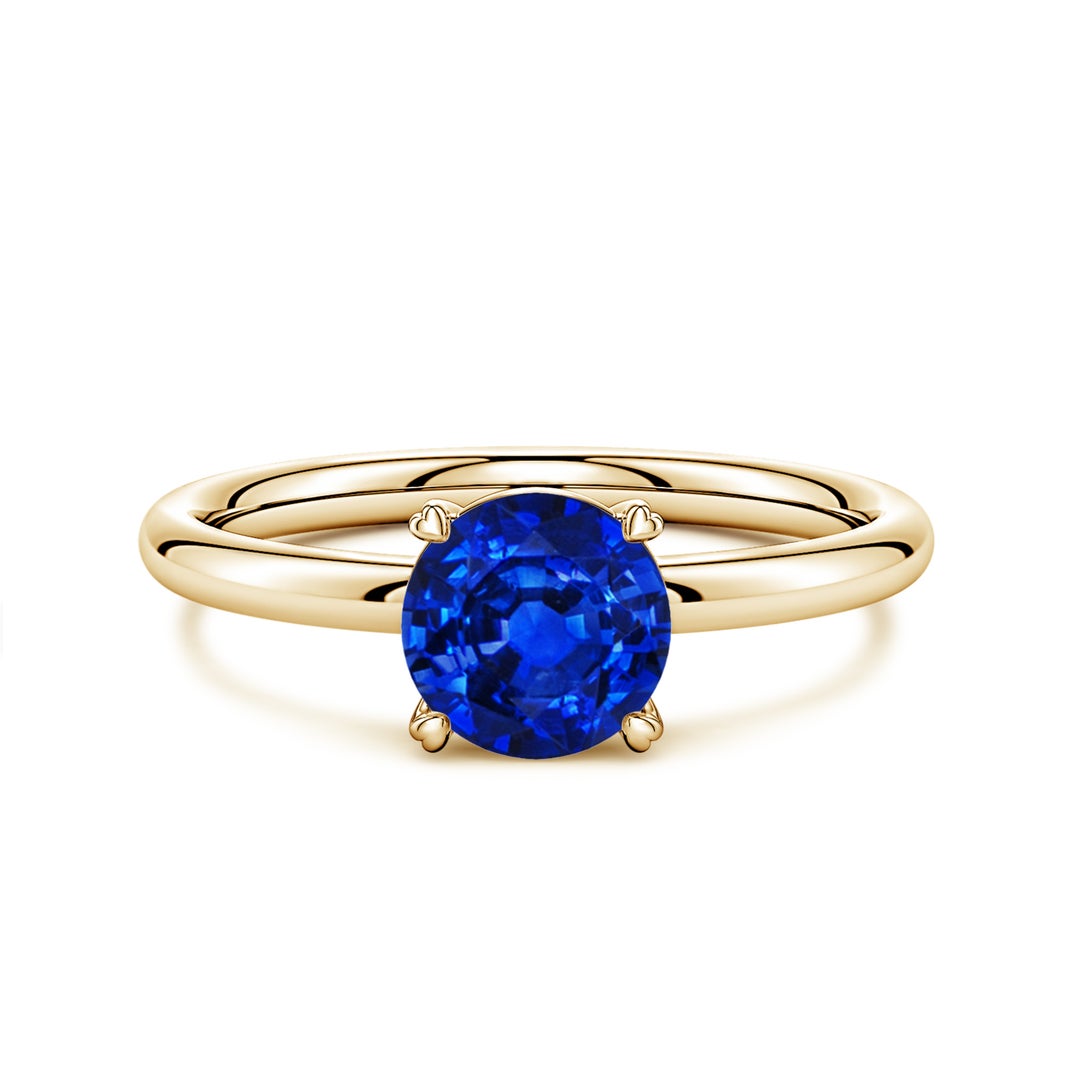 Round Lab-Grown Blue Sapphire Solitaire Engagement Ring with Heart-Shaped Prongs