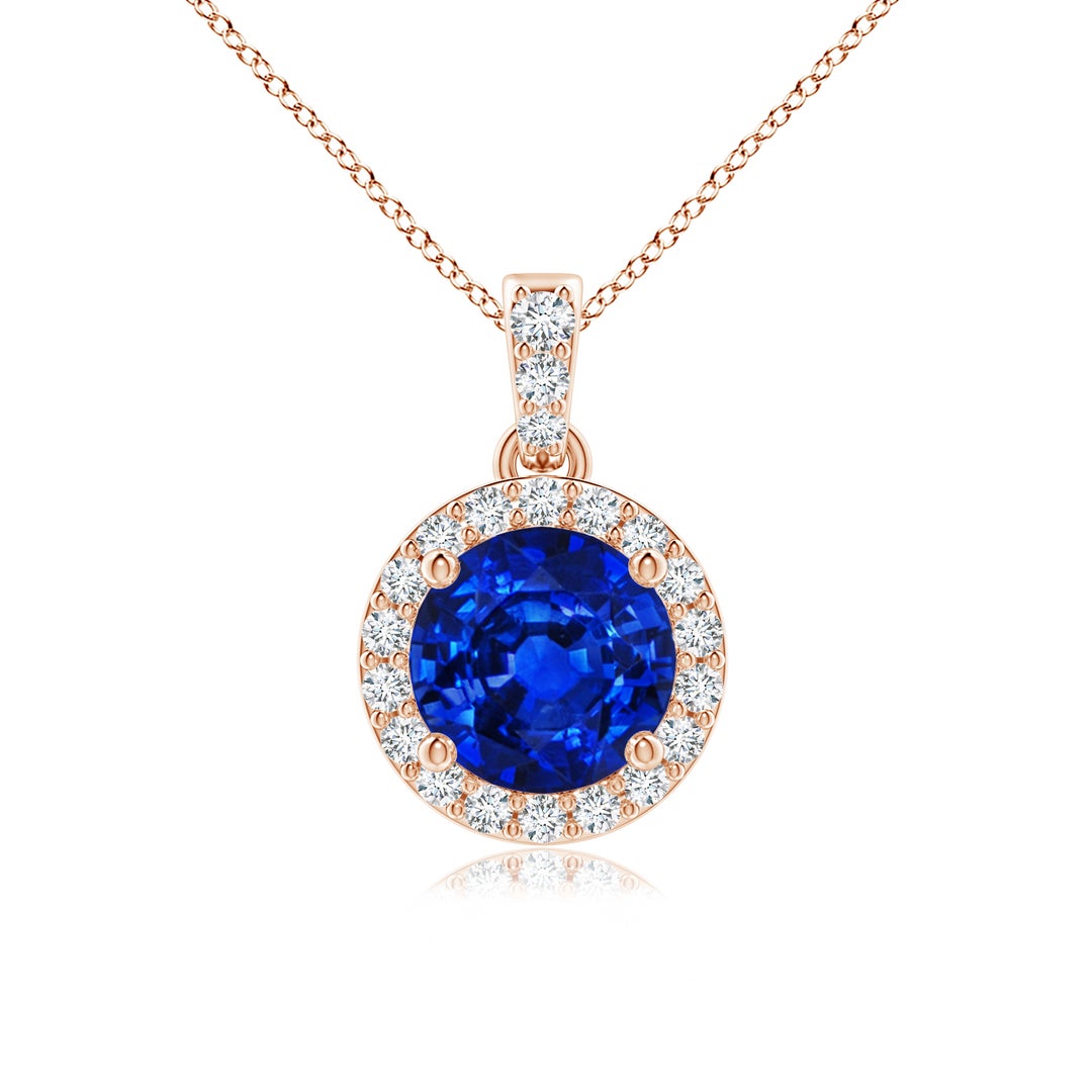 Round Lab-Grown Blue Sapphire with Moissanite Halo Dangle Pendant Necklace