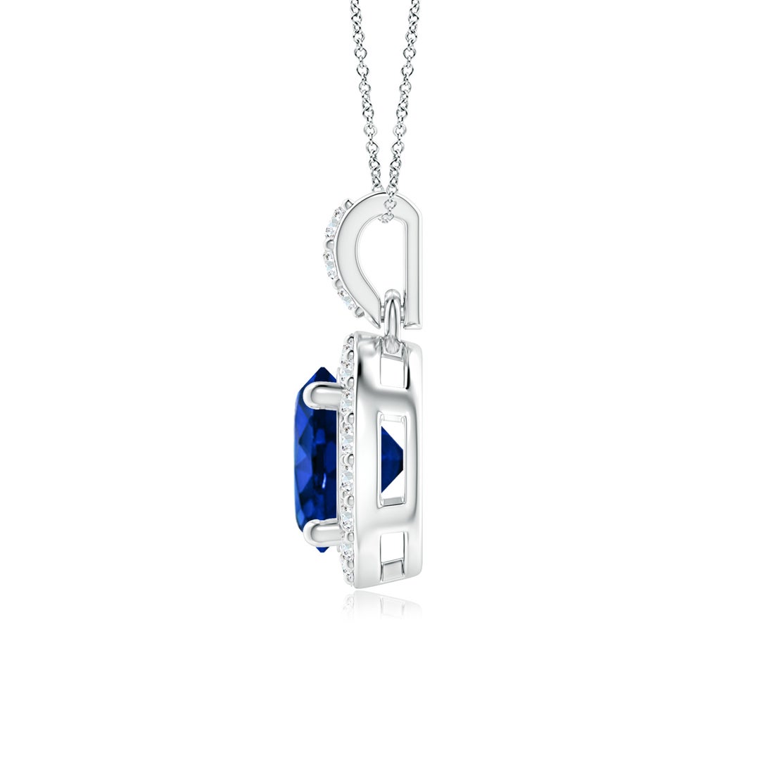 Round Lab-Grown Blue Sapphire with Moissanite Halo Dangle Pendant Necklace