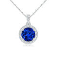 Round Lab-Grown Blue Sapphire with Moissanite Halo Dangle Pendant Necklace