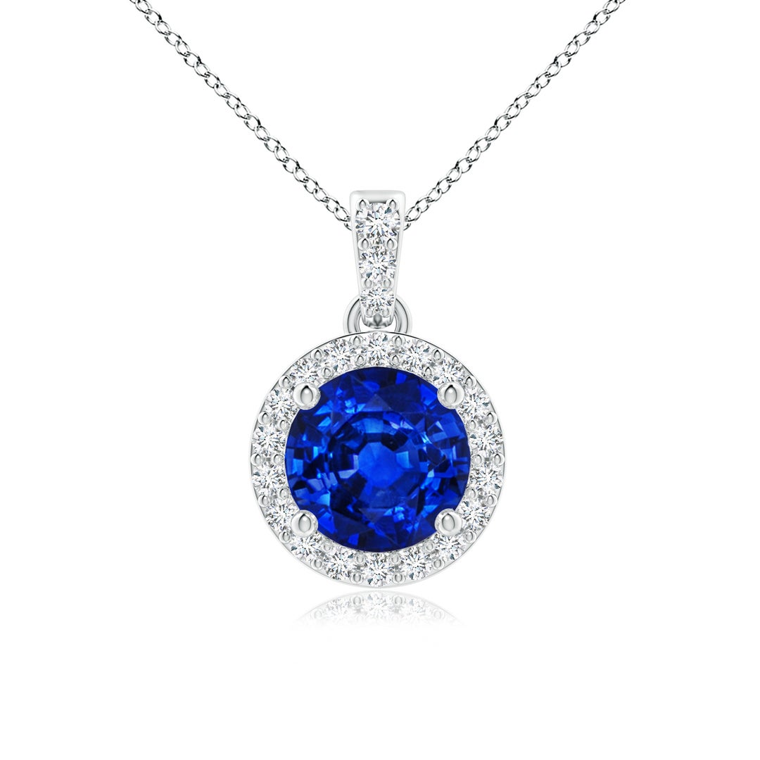 Round Lab-Grown Blue Sapphire with Moissanite Halo Dangle Pendant Necklace