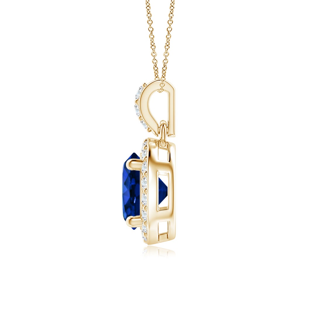 Round Lab-Grown Blue Sapphire with Moissanite Halo Dangle Pendant Necklace