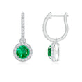 Round Lab-Grown Emerald with Moissanite Halo Huggie Hoop Drop Earrings