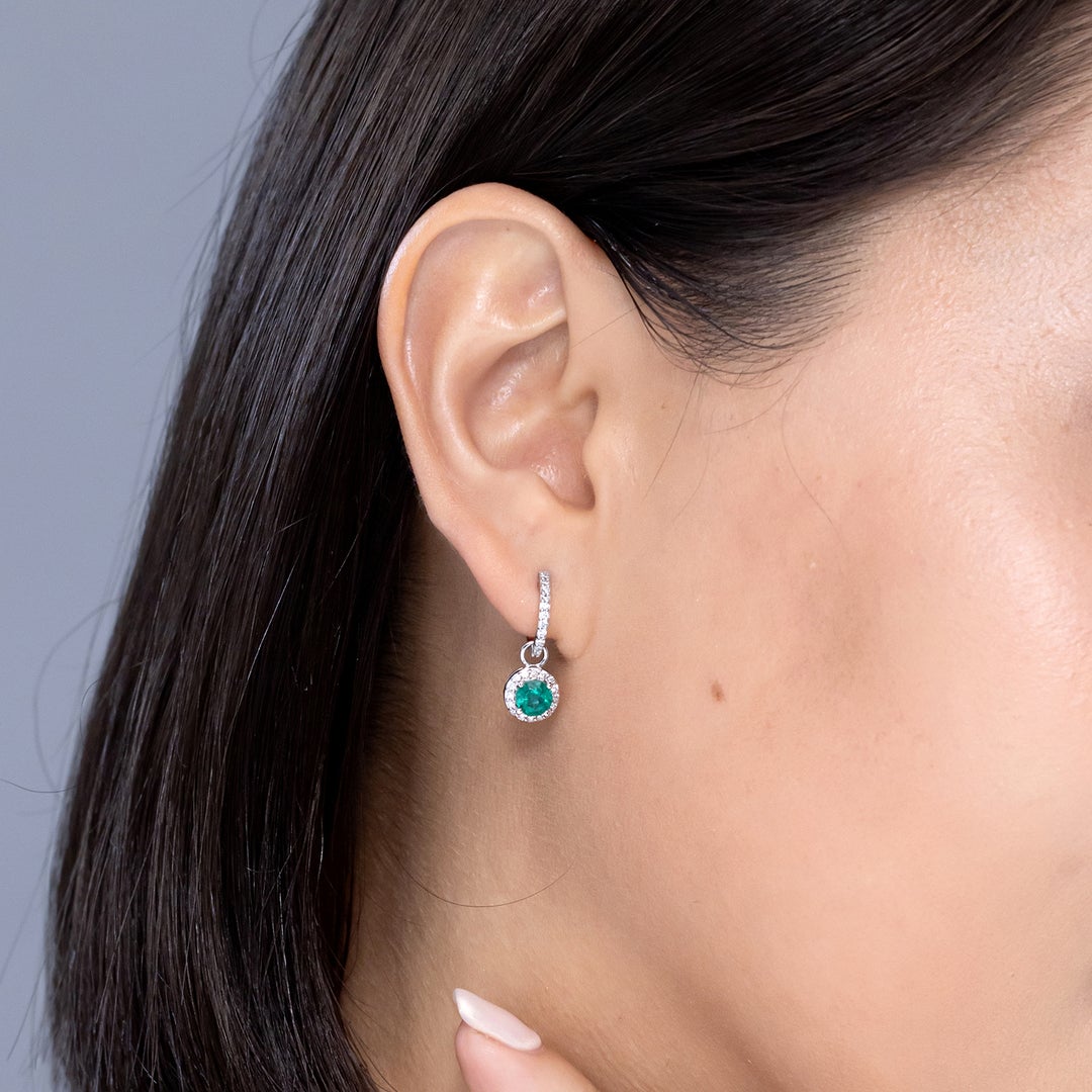 Round Lab-Grown Emerald with Moissanite Halo Huggie Hoop Drop Earrings
