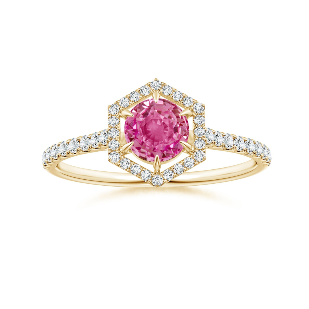 Round Lab Pink Sapphire with Hexagonal Halo Moissanite Promise Ring