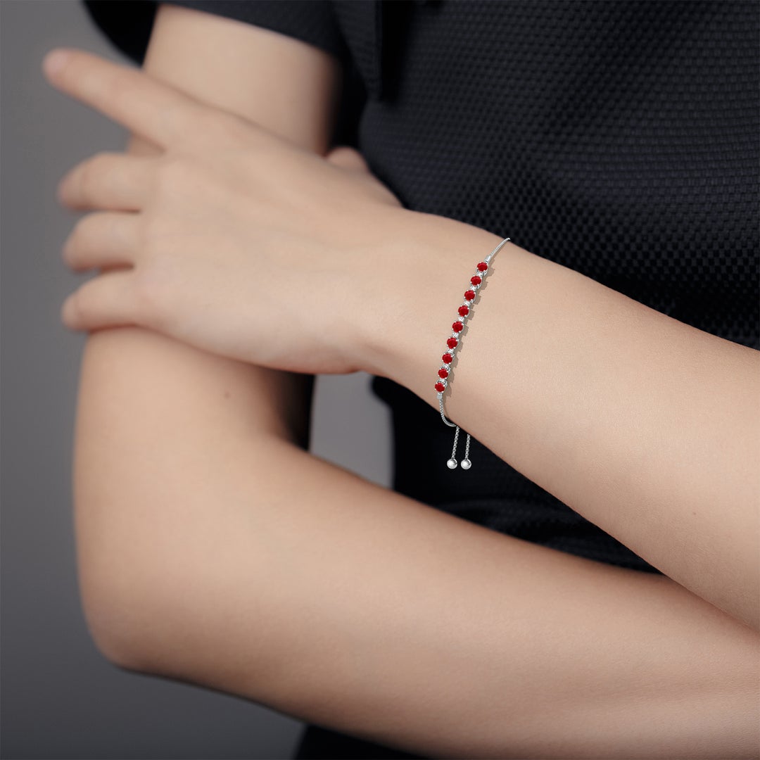 Round Lab Ruby with Moissanite Accents Adjustable Tennis Bolo Bracelet