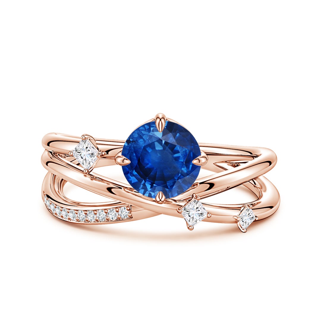 Round Lab Sapphire Multi-Layer Crossover with Scattered Moissanite Engagement Ring