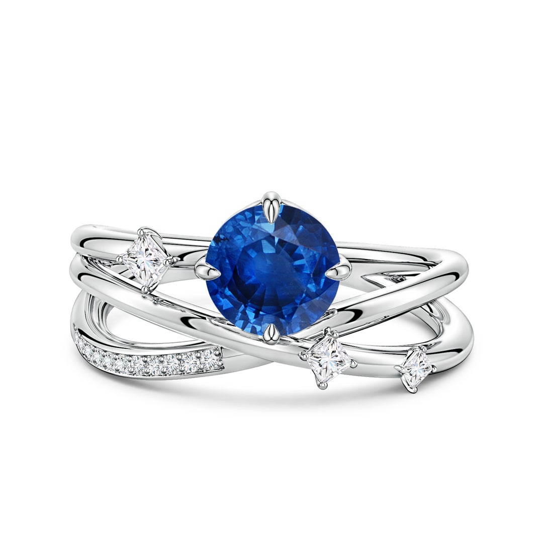 Round Lab Sapphire Multi-Layer Crossover with Scattered Moissanite Engagement Ring