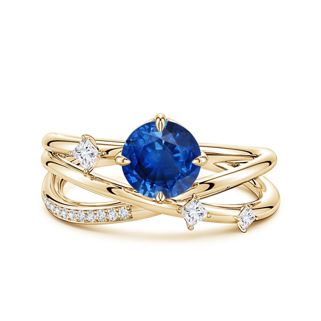 Round Lab Sapphire Multi-Layer Crossover with Scattered Moissanite Engagement Ring