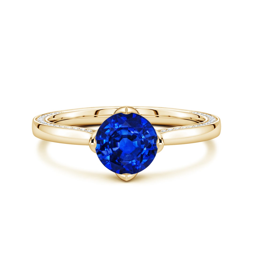 Round Lab Sapphire Engagement Ring with Double-Sided Hidden Moissanite Accents