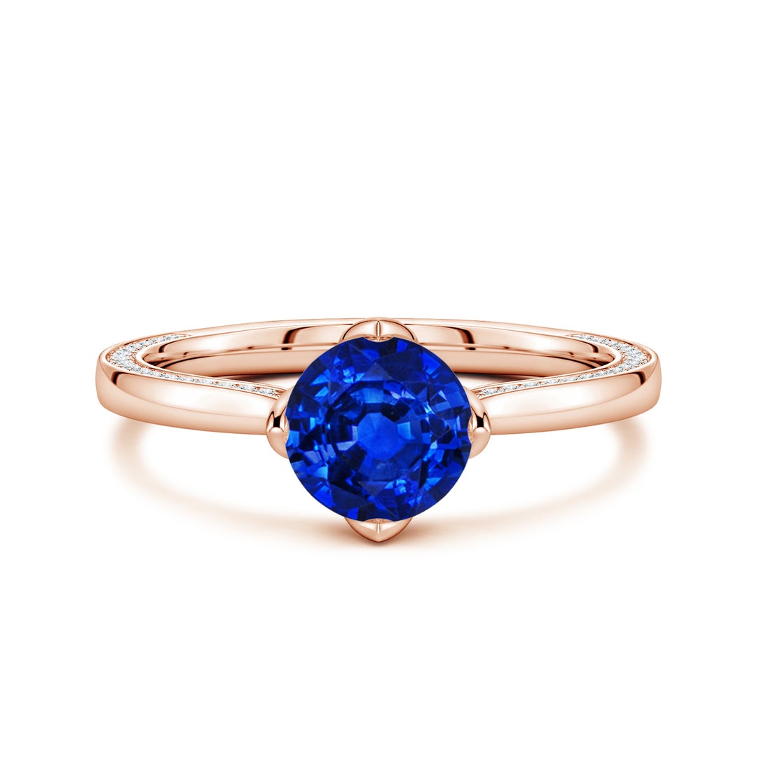 Round Lab Sapphire Engagement Ring with Double-Sided Hidden Moissanite Accents