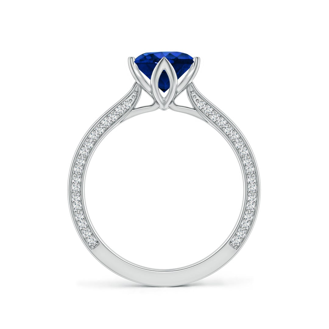 Round Lab Sapphire Engagement Ring with Double-Sided Hidden Moissanite Accents