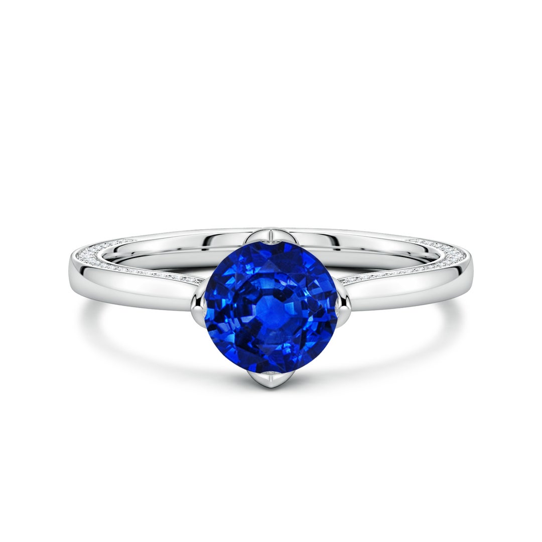 Round Lab Sapphire Engagement Ring with Double-Sided Hidden Moissanite Accents