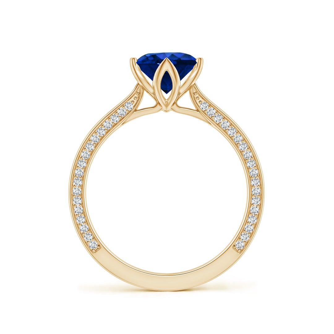 Round Lab Sapphire Engagement Ring with Double-Sided Hidden Moissanite Accents
