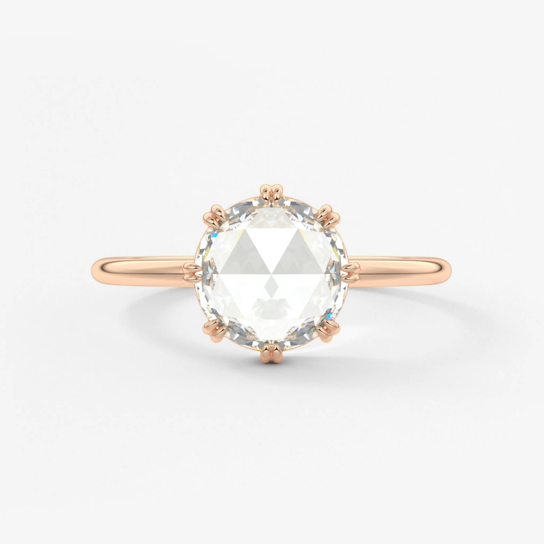 Round Rose Cut Moissanite Engagement Ring with Double Claw Prongs