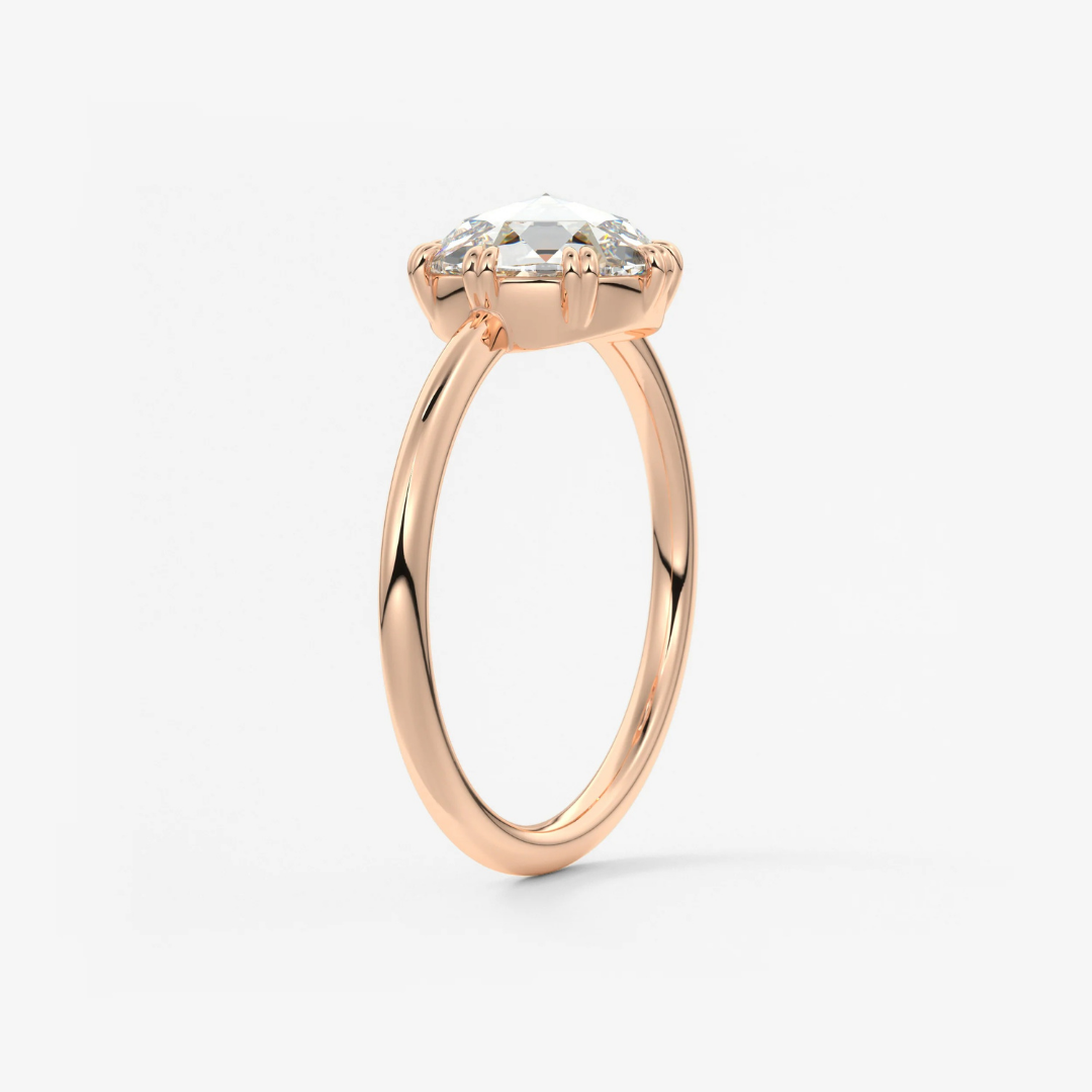 Round Rose Cut Moissanite Engagement Ring with Double Claw Prongs