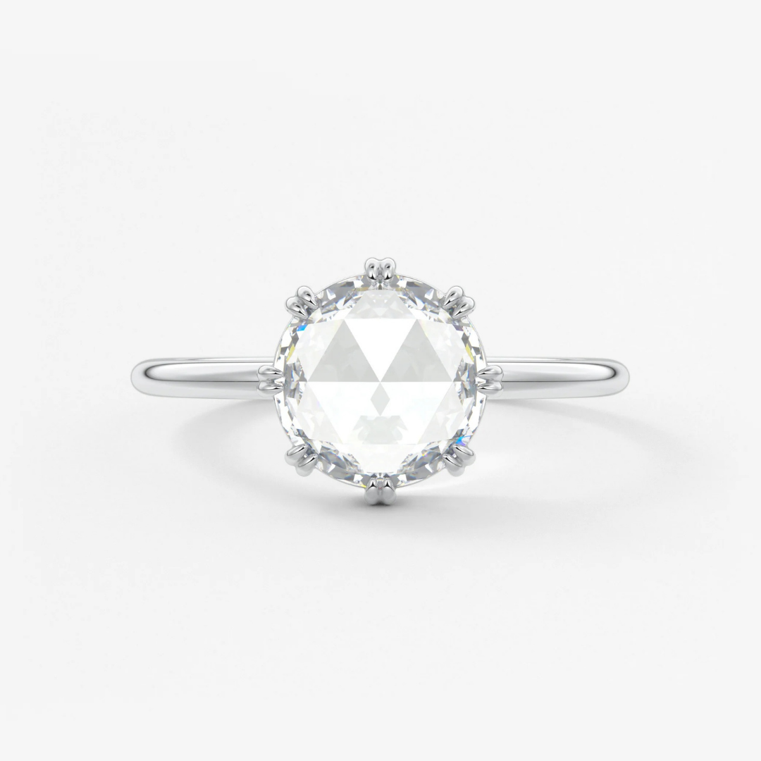 Round Rose Cut Moissanite Engagement Ring with Double Claw Prongs
