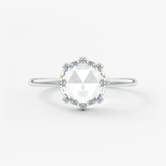 Round Rose Cut Moissanite Engagement Ring with Double Claw Prongs