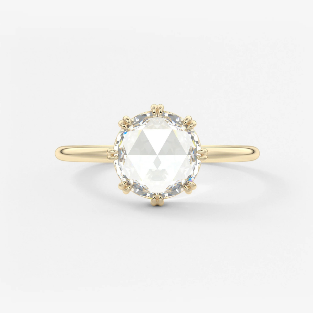 Round Rose Cut Moissanite Engagement Ring with Double Claw Prongs