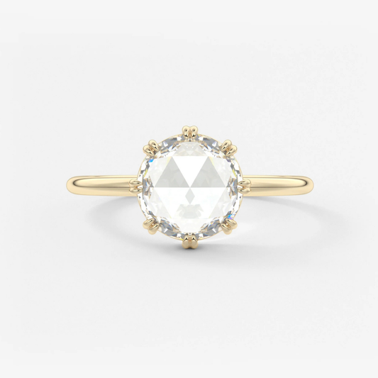 Round Rose Cut Moissanite Engagement Ring with Double Claw Prongs