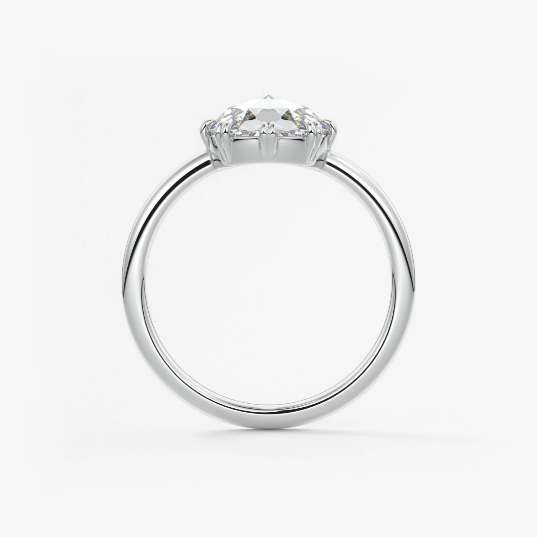 Round Rose Cut Moissanite Engagement Ring with Double Claw Prongs