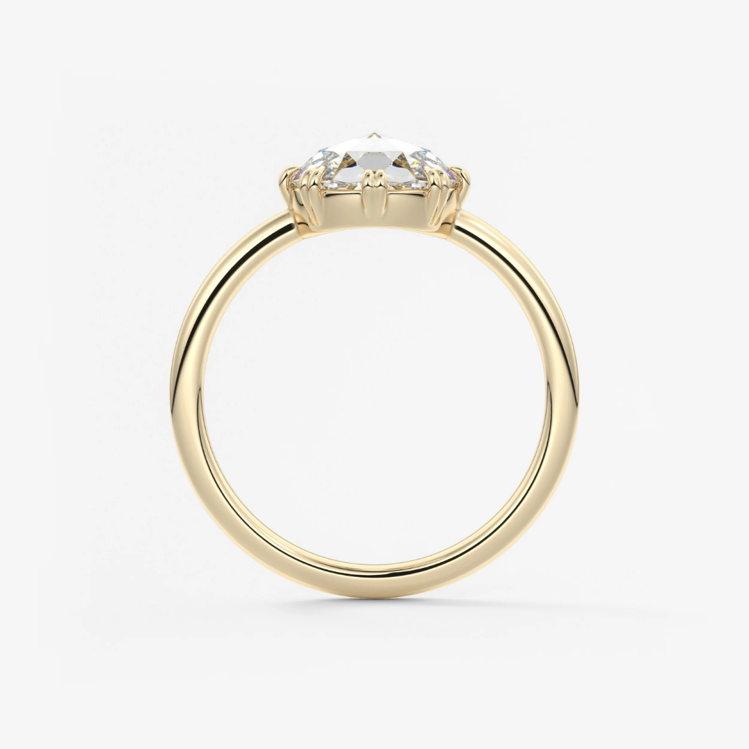 Round Rose Cut Moissanite Engagement Ring with Double Claw Prongs