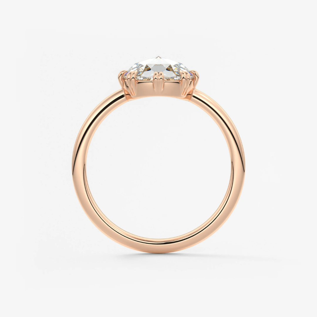 Round Rose Cut Moissanite Engagement Ring with Double Claw Prongs