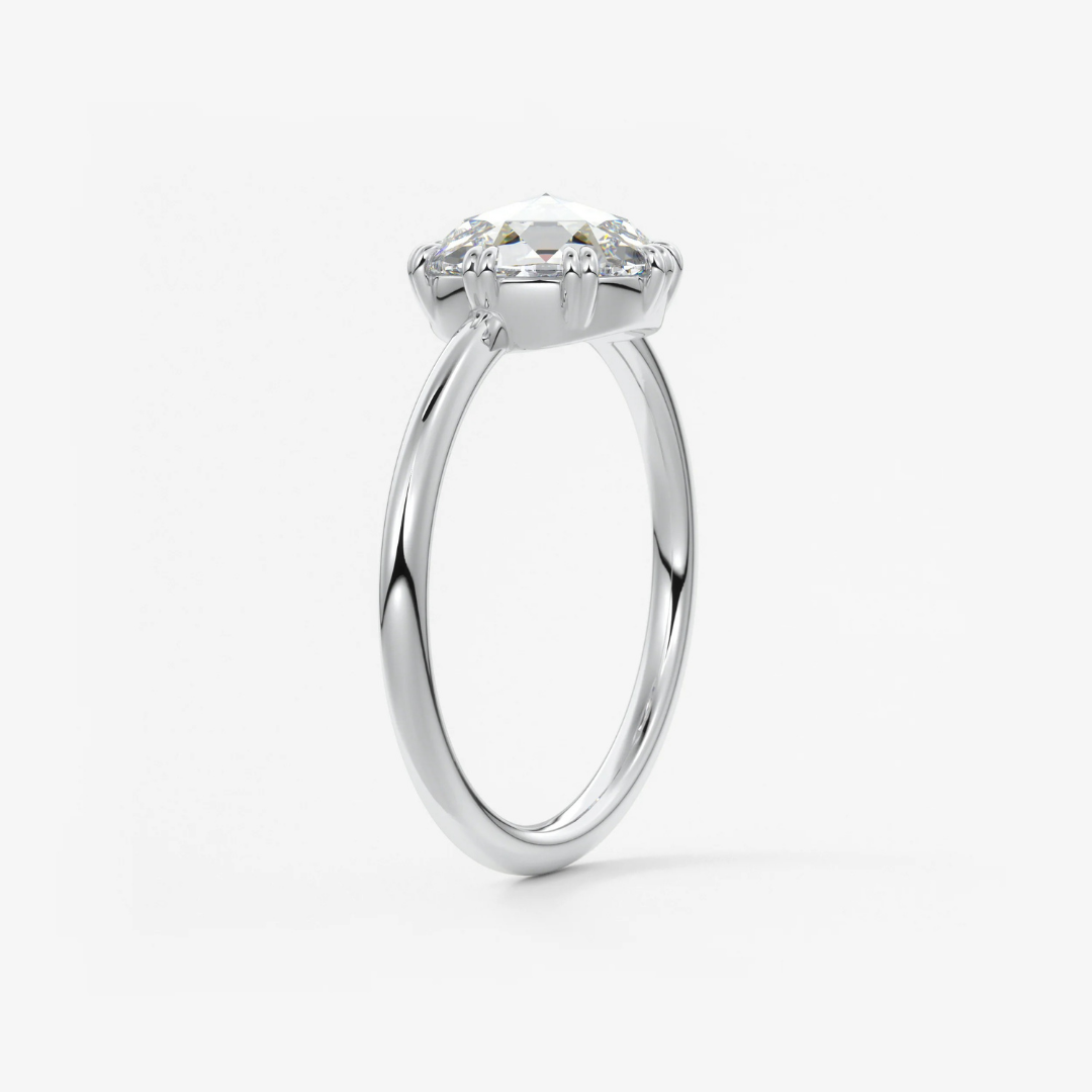 Round Rose Cut Moissanite Engagement Ring with Double Claw Prongs