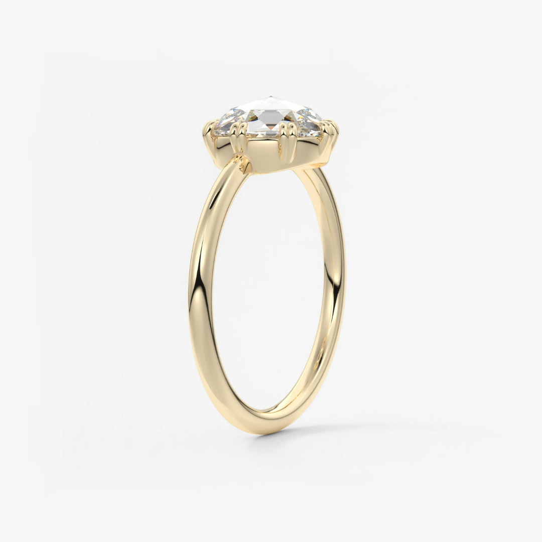 Round Rose Cut Moissanite Engagement Ring with Double Claw Prongs