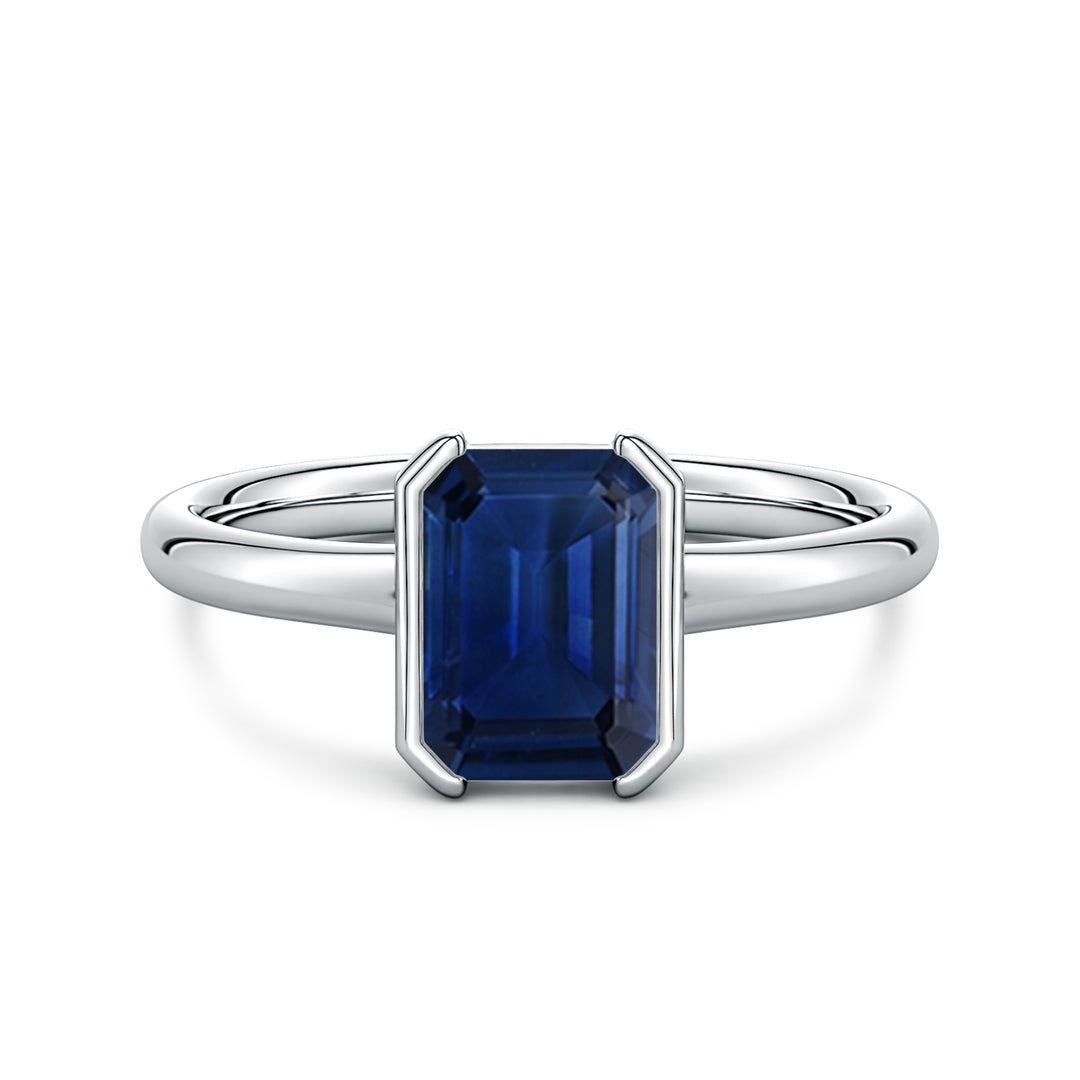 Semi Bezel Emerald-Cut Lab-Grown Blue Sapphire Solitaire Engagement Ring