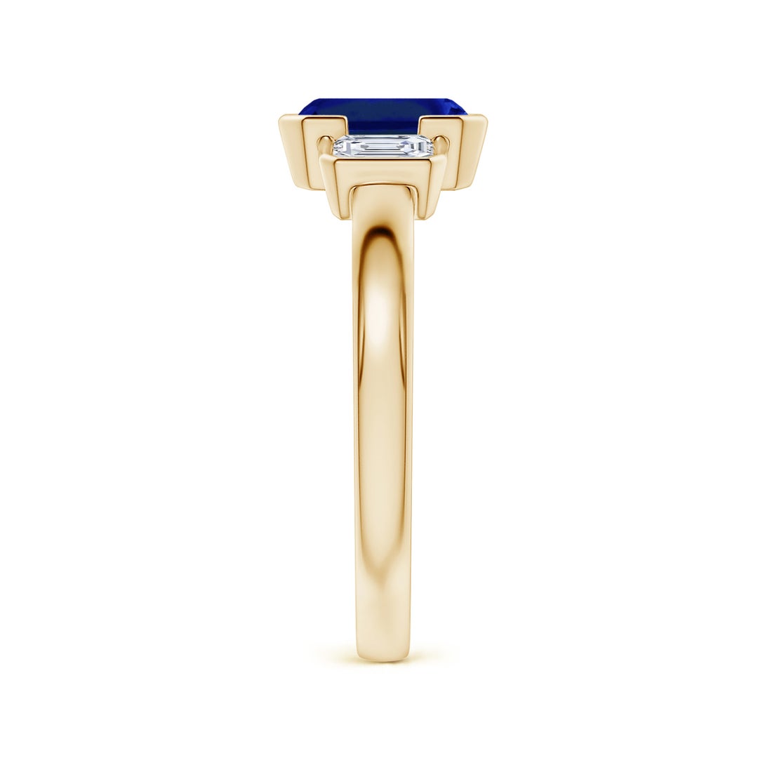 Semi Bezel Lab Emerald-Cut Sapphire Three-Stone with Moissanite Engagement Ring