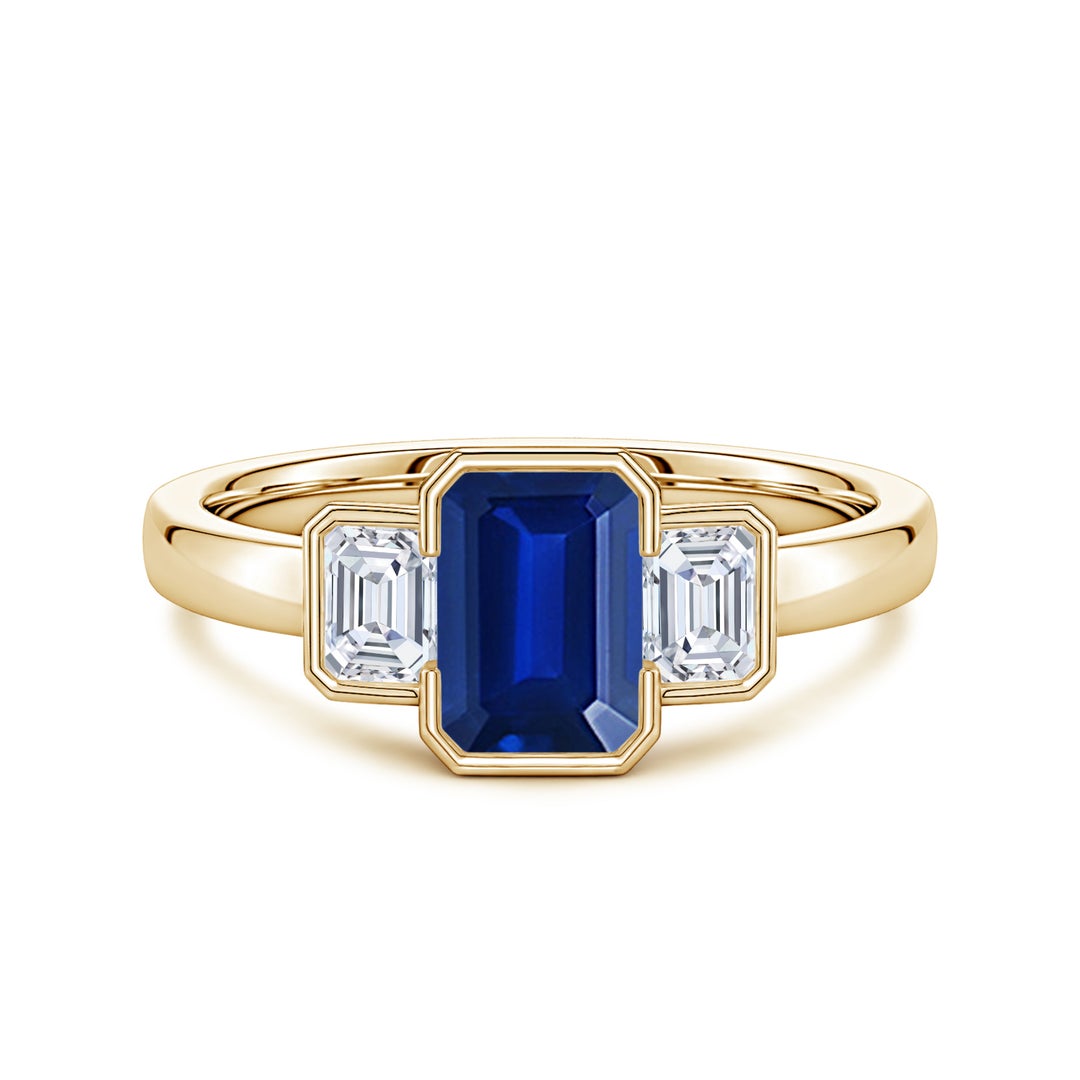 Semi Bezel Lab Emerald-Cut Sapphire Three-Stone with Moissanite Engagement Ring