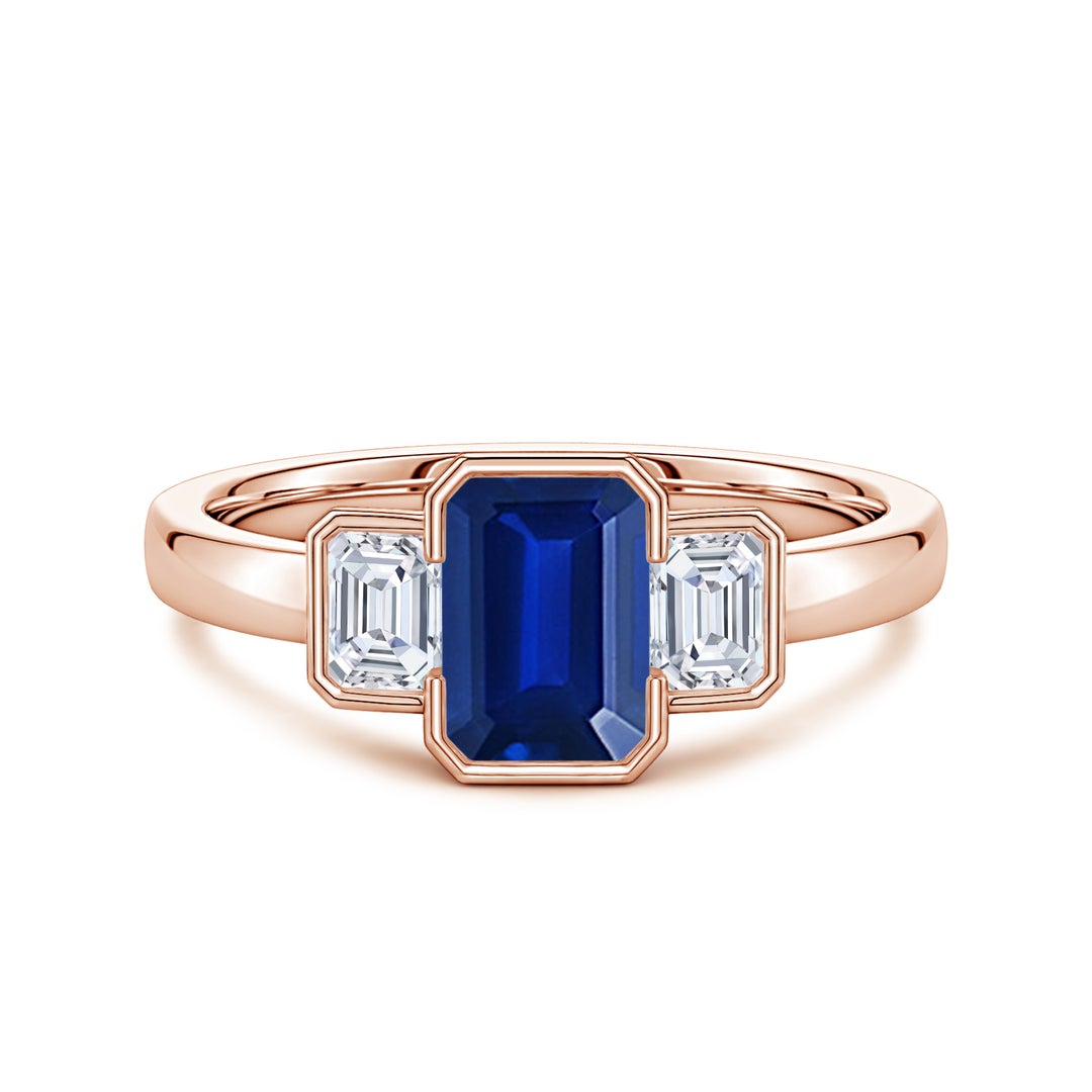 Semi Bezel Lab Emerald-Cut Sapphire Three-Stone with Moissanite Engagement Ring