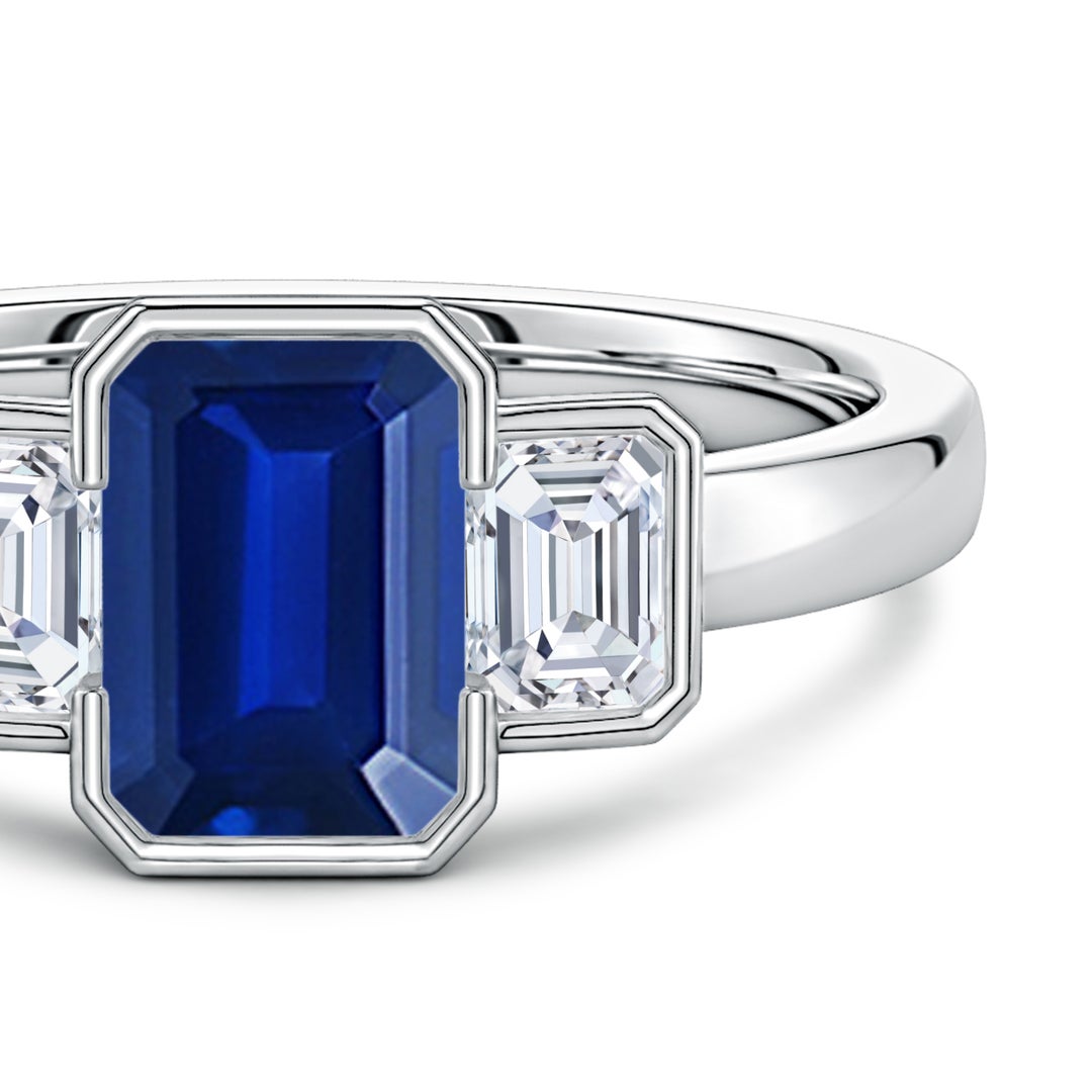 Semi Bezel Lab Emerald-Cut Sapphire Three-Stone with Moissanite Engagement Ring