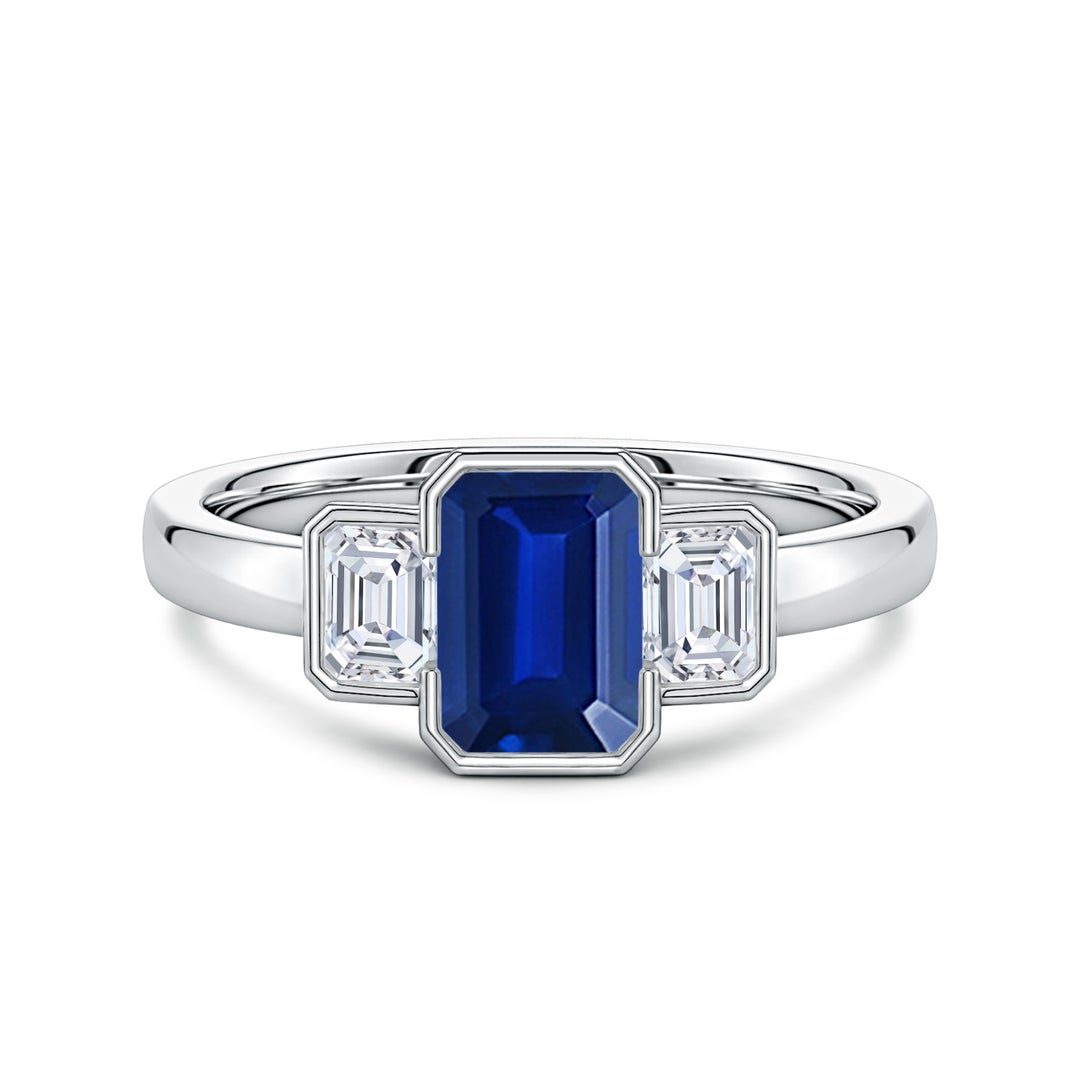 Semi Bezel Lab Emerald-Cut Sapphire Three-Stone with Moissanite Engagement Ring