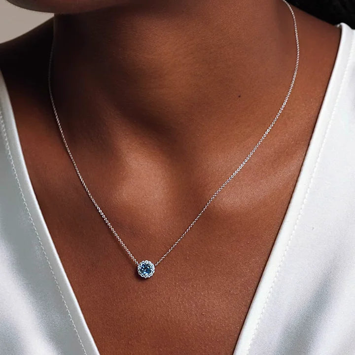 Silver Aquamarine Halo Pendant with Moissanite Accents Necklace