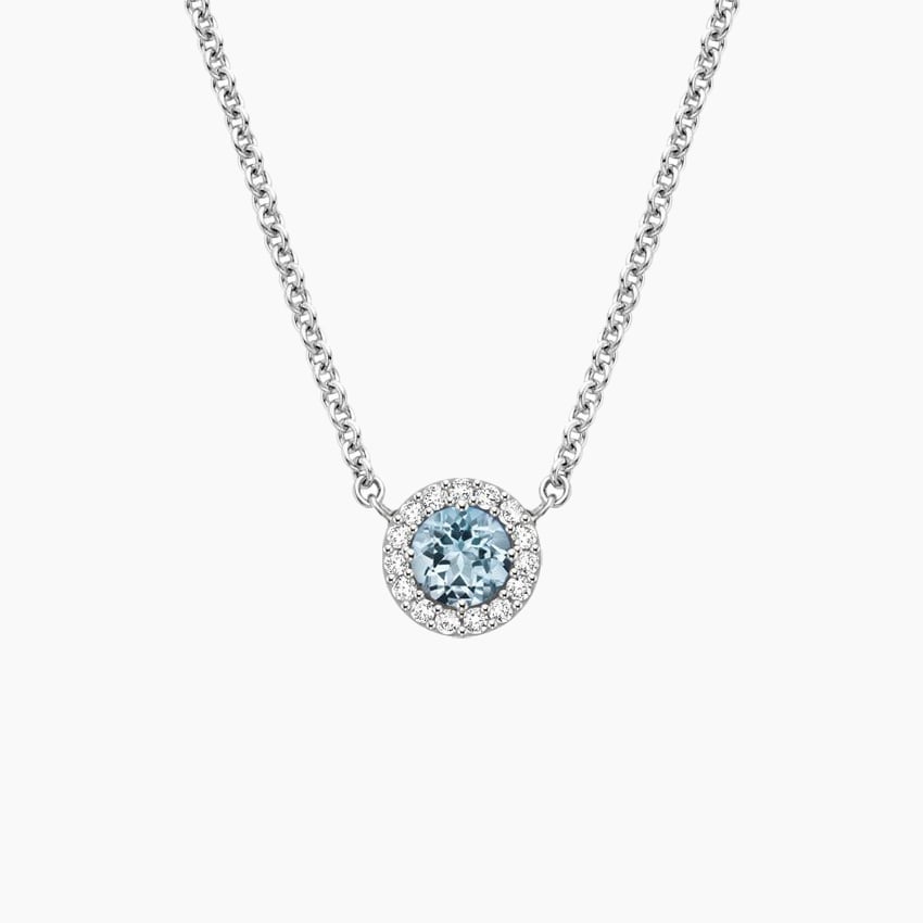 Silver Aquamarine Halo Pendant with Moissanite Accents Necklace
